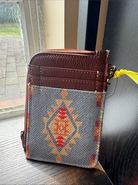 Men's Brown Leather and Patterned Card Wallet keyring wrangler nwt